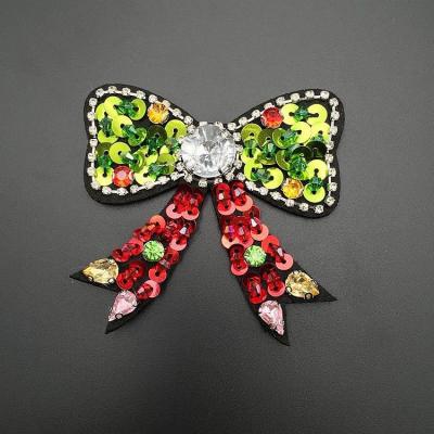 China Handmade Rhinestone Bowtie Sew Bead On Applique Apparel Embroidery Badge Patch Beaded Bowtie Patches For Jackets for sale