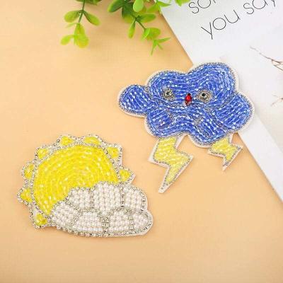 China Handmade Rhinestone Bead Sun And Cloud Sew On Applique Apparel Embroidery Beaded Patches For Jackets for sale