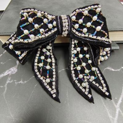 China Handmade Rhinestone Bowtie Sew Bead On Applique Apparel Embroidery Badge Patch Beaded Bowtie Patches For Jackets for sale