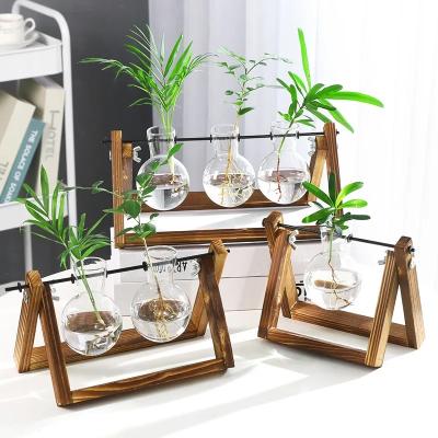 China Home Decor Crystal Terrarium Flower Glass Transparent Wooden Frame Hydroponic Flower Farm 3 Tubes Vintage Vase for sale