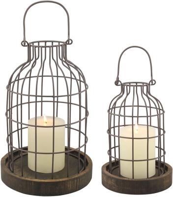 China Unique Home Decor Birdcage Set Of 2 Brown Home Decor Plant And Jar Organizer Metal Cloche Candle Holder With Wood Base for sale