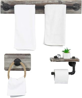 China Rustic Style Torched Industrial Towel Set 3 Item To Paper Pipe Wood Wall Mounted Toilet Paper Holder For Bathroom for sale