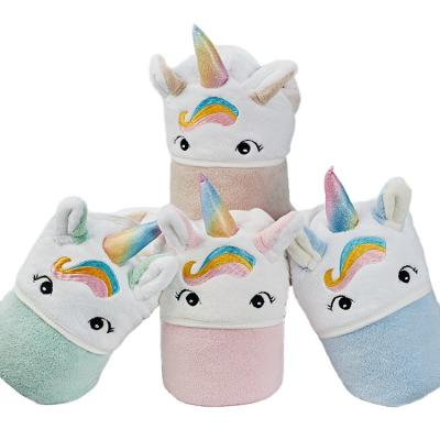 China Unicorn Design Sustainable Ultra Soft And Absorbent Organic Cotton Baby Bath Towel With Hood for sale