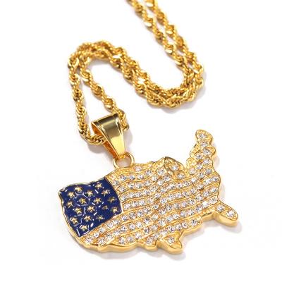 China Hiphop Personalized Customized Flag Crystal Country Map USA Stone Necklace Gold Diamond Pendant Necklace for sale