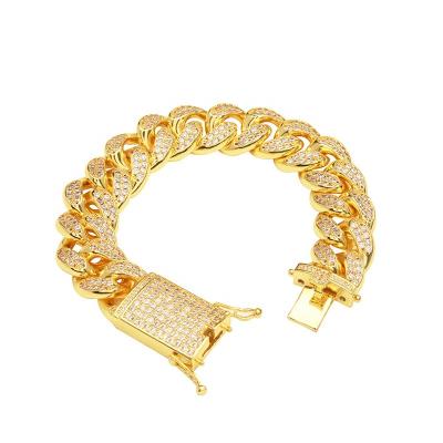 China Hiphop 20MM Cuban Link CZ Stone Copper Chunky Chain Gold Plated Hip Hop Full Diamond Men's Bracelet Jewelry for sale