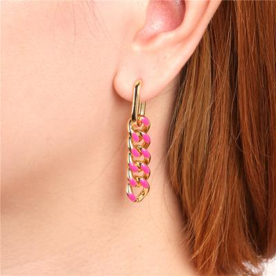 China Hiphop Fashion Designer Jewelry Gold Plated Colorful Enamel Dangle Cuban Link Copper Chain Earrings for sale