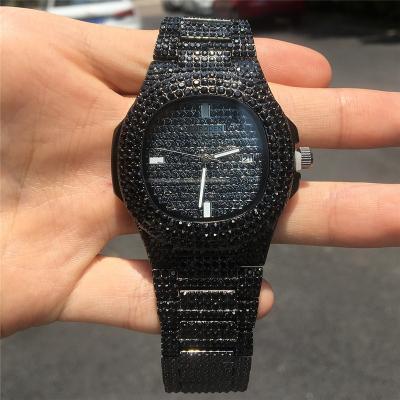 China Fashion Day/Date 2020 Hip Hop Black Rhinestone Bling Crystal Watch Band Iced Out Mens Watches for sale