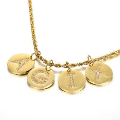 China Fashionable 18K Gold Letter Stainless Steel Diamond Name Necklace Custom Made Diamond Necklace Pendant Coin Necklace for sale