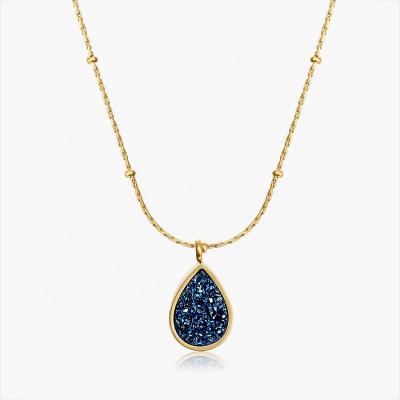 China FASHIONABLE Wholesale Custom 18K Gold Plated Stainless Steel Jewelry Women Waterdrop Shape Druzy Blue Stone Pendant Necklace for sale