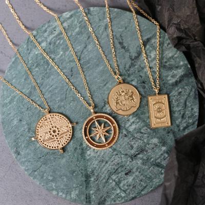 China TRENDY Women 18K Gold Plated Stainless Steel Fashion Polaris Pluto Star Compass Sun Galaxy Pendant Necklace for sale