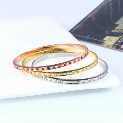 China CLASSIC Fancy Crystal Jewelry Custom Stainless Steel Micro Pave CZ Rainbow Tennis Cuff Bracelet Bangle for sale