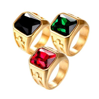 China Hiphop Gold IP Plated Geometric Multi Color Crystal Black Big One Single Stone Seal Cross Mount Rings Jewelry Maker For Men for sale