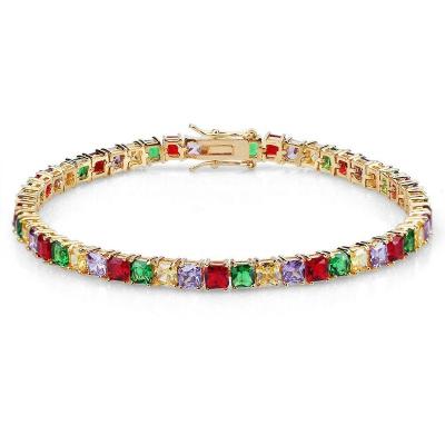 China BOHEMIA PINDU Hip Hop Micro Pave Square Rainbow Zirconia CZ Gold Tennis Bracelet for sale