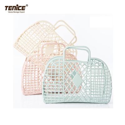 China Fashion Style French Smart Jelly Folding Wicker Basket Colorful Plastic Bag For Girl And Woven Shopping Handbag for sale