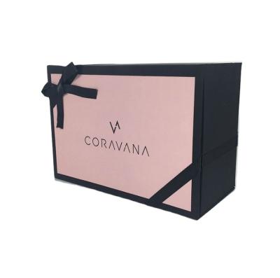 China Wholesale OEM Handmade Clothes Large Cardboard Package Paper Boxes Personalized Magnetic Foldable Black Gift Packaging Box With Ribbon for sale