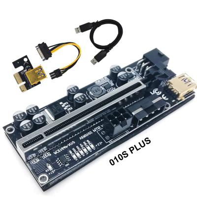 China PC Ver 010s Plus PCI-E Riser Card Dual 6 Pin 4 Pin 6pcs LED Lights Gold Usb 8 Capacitors Riser Card Adapther for sale