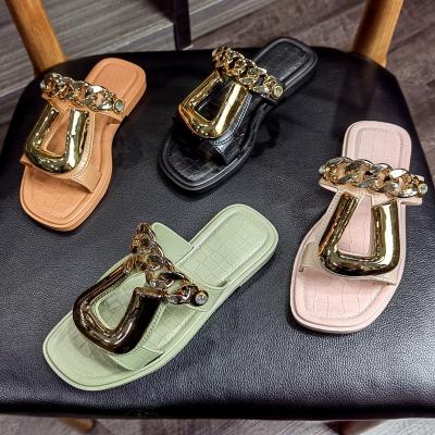 China Fashion Trend 36-41 Size New Arrival Flat Buckle Chain Pink Brown PVC Women Green Black Slipper 2298 for sale