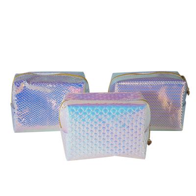 China Fashion wholesale custom logo printed multi holographic laser travel glitter fashion pattern PVC portable cosmetic bag for sale