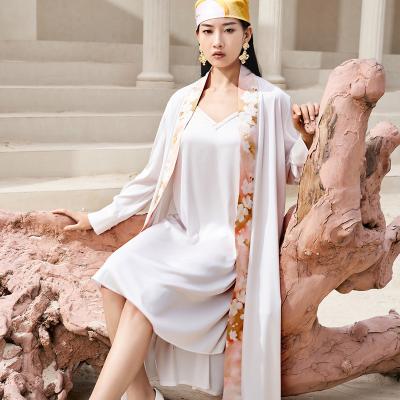 China Breathable Custom Logo Women Ice Silk Sleepwear Two Piece Bathrobe Sexy Homewear Long Robe Sleepwear White Loungewear Pajamas for sale