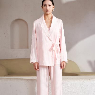 China Wholesale Piping Women Wear Nightgown Breathable Pajamas Sets 3 Piece Loungewear Women Ice Silk Girls Sleepwear for sale