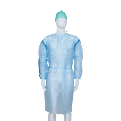 China Vestido de isolamento médico descartável SMS/PP+PE de pulso elástico ou de malha com fita azul à venda