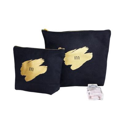 China Gold Zipper Organic Cotton Eco-friendly Custom Cheap Personal Black Canvas Cosmetic Bag for sale