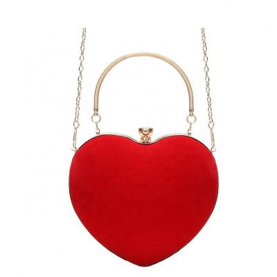 China Red Heart Shape and Same Color Women Heart Shape Clutch Purse Velvet Shoulder Bag Tote Chain Purse Mini Handbag for sale