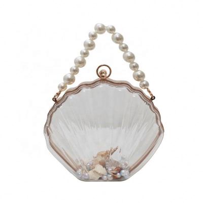 China Cute Seashell Shape Hard Clear Acrylic Bag Transparent Shell Handcase Cross - Body With Pearl Handle And Strap For Women Lady Girls for sale