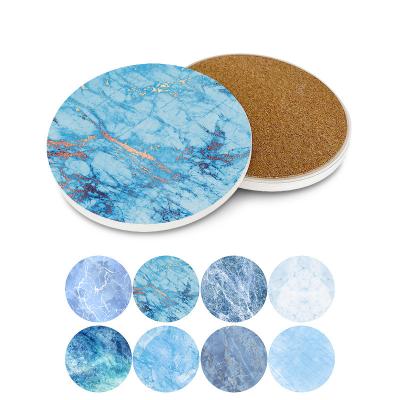 China Viable Blue Marble Round Coaster Cork Absorbent Drink Art Custom Ceramic Coaster Set Stand Holder Set Empty Ceramic Coasters for sale