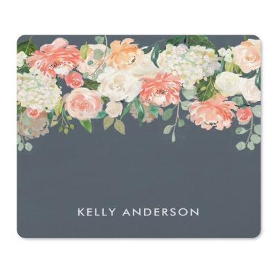 China Water Resistance Pink and Gray Watercolor Floral with Your Name Mouse Pad for sale