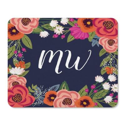 China Water Resistance Navy Blue Coral Boho Flower Frame Monogrammed Mouse Pad for sale