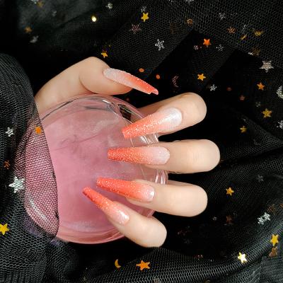 China 2021 Design Fashion Trending Artificial Orange Long Coffin Living Room Gradient 3D Fake Nails for sale