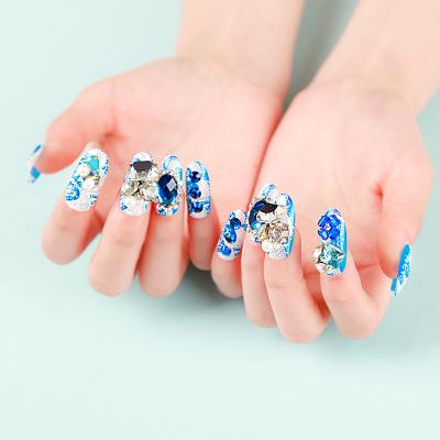 China summer self-adhesive white vibe diamond design full cover nail blue artificial nails with glue for sale