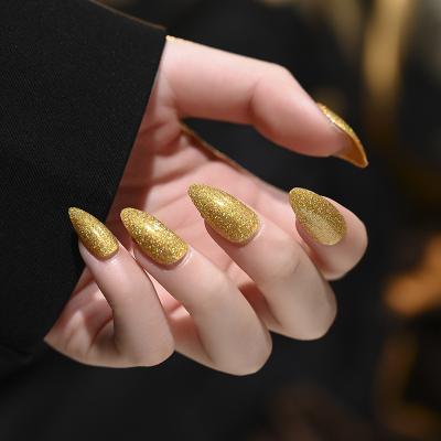 China Design High Quality Luxury Oval Pointed End Nail Tips False Shine Nails With Glue Sticker for sale