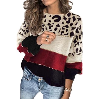 China Anti-wrinkle new 2021 autumn/winter leopard contrast color sweater around collar striped sweater for sale