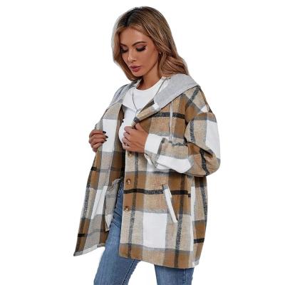 China Anti-wrinkle Autumn Women's Shirt Jacket Plaid Button Front Drawstring Hooded Coat for sale