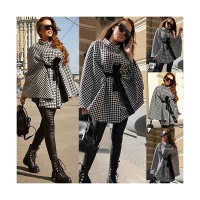 China Autumn And Winter Fashion New women's round loose lapel coat plaid top coat tie neck jacket loose coat wool coat for sale