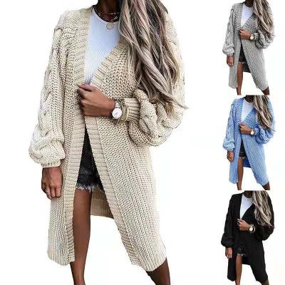 China Lantern Sleeve Solid Color Autumn Winter Waterproof Sweater Women Long Knitted Twist Cardigan for sale