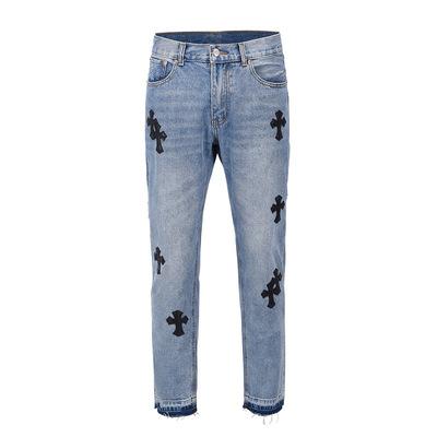 China Hip Hop Sustainable Custom Women's Butterfly Embroidery Denim Pants Straight Leg Blue Color Jeans for sale