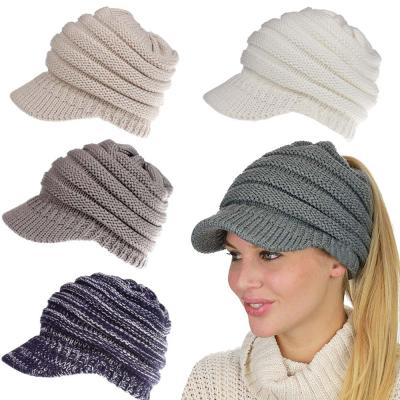 China COMMON Front Eaves Hollow Design Winter Wide Brim Custom Made Simple Warm Knitting Hats for sale