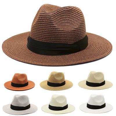 China Classic Image Summer Panama Fedora Straw Hat Women Wide Brim Style Wrap Beach Sun Straw Hat for sale