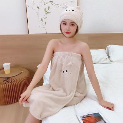 China 70*140cm Viable Women's Towel Wrap Bathrobe Cartoon Cat Absorbent Coral Fleece Bath DressTowel With Adjustable Closure for sale