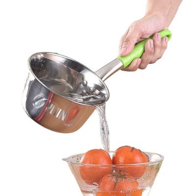 China Sustainable Popular Kitchen Tool Long Handle Stainless Steel Soup Scoop Spoon Plastic Water Pouch With Hook for sale