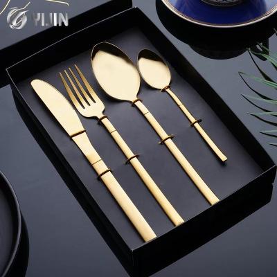 China Amazon Viable Hot Sale Reusable Gold Silver Knife Fork Spoon Set Stainless Steel Cutlery Set With Gift Box for sale