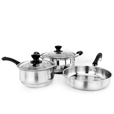 China Viable Low Price 3pcs Cooking Pot Frying Pan 410 Stainless Steel Cookware Pot Pan Set for sale