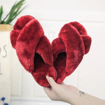 China Fashion Trend Sandals Shoes Women 2021 Warm Fashion Rainbow Cotton Fur Slides Plush Slippers Women Winter Fluffy Criss-Cross Slippers For Women for sale