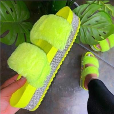 China Fashion Trend Winter Pink Mink Faux Fur Slides With Strap Big Size Real Fashion Warm Women Fox Fur Slippers for sale