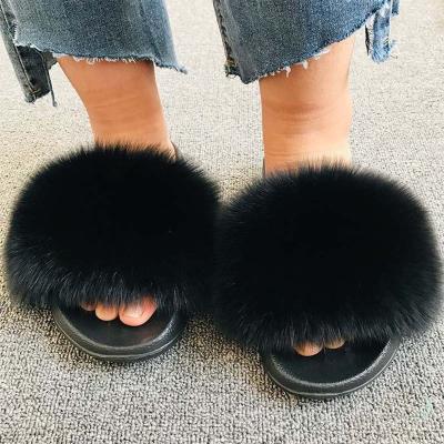 China 2021 Fashion Trend Real Colorful Toe Slide Fox Fur Ball Fluffy Open Slippers For Women for sale