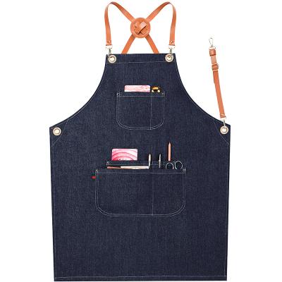 China Custom Adjustable Custom Logo Adjustable Leather Denim Apron For Cafe Print Denim Aprons for sale