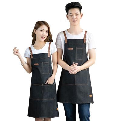 China Pure Color Denim Canvas Apron Hairdresser Workwear Coffee Cooking Custom Apron Logo Printing Delantales for sale